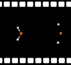 在被x射线光子吸收后，水分子可以弯曲到大约10飞秒(千万亿分之一秒)后，两个氢原子(灰色)相对，氧原子(红色)在中间。这种运动可以通过吸收第二个x射线光子来研究。图片来源:DESY, Ludger Inhester